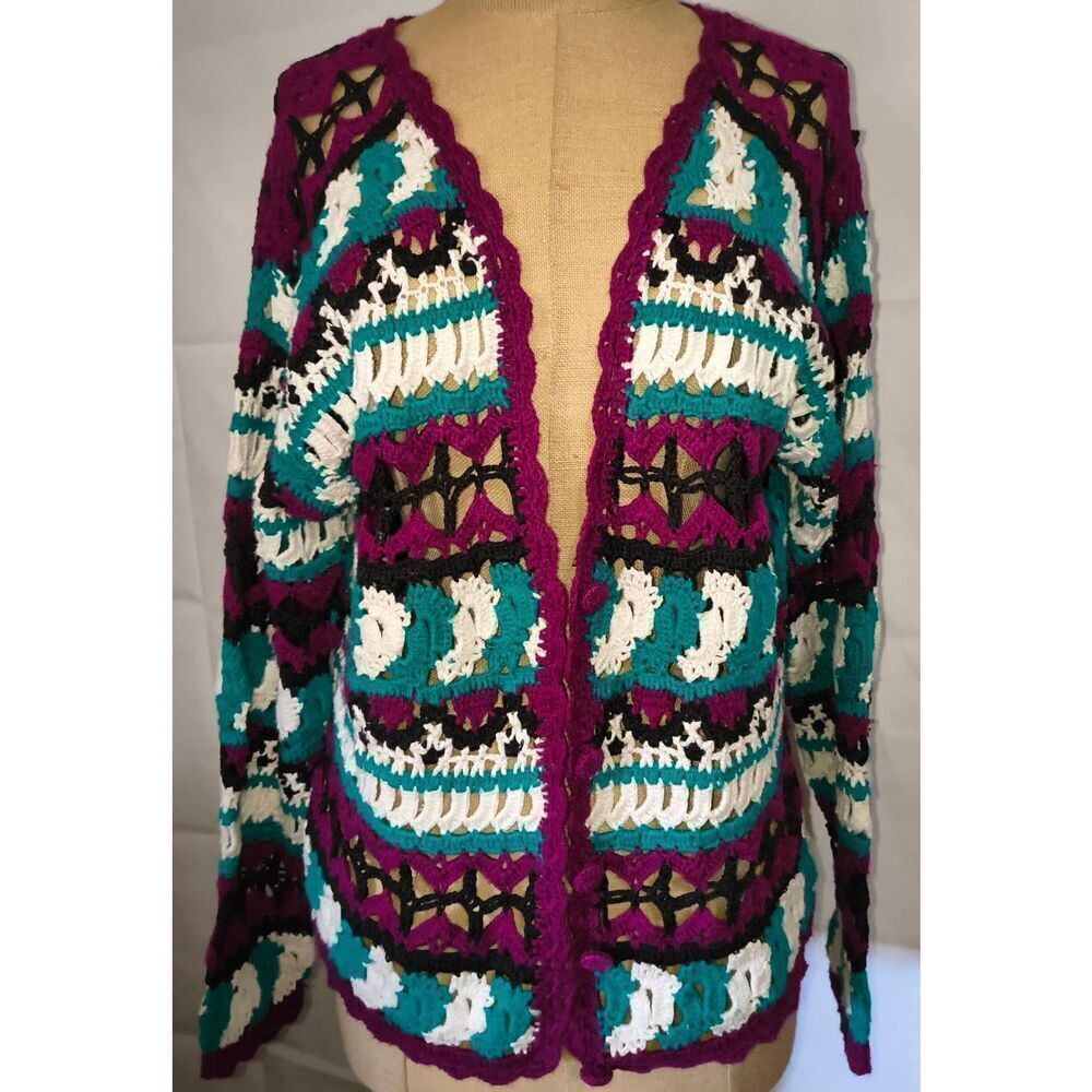 Vintage Crochet cardigan sweater AJ Brandon purple white teal black Size medium